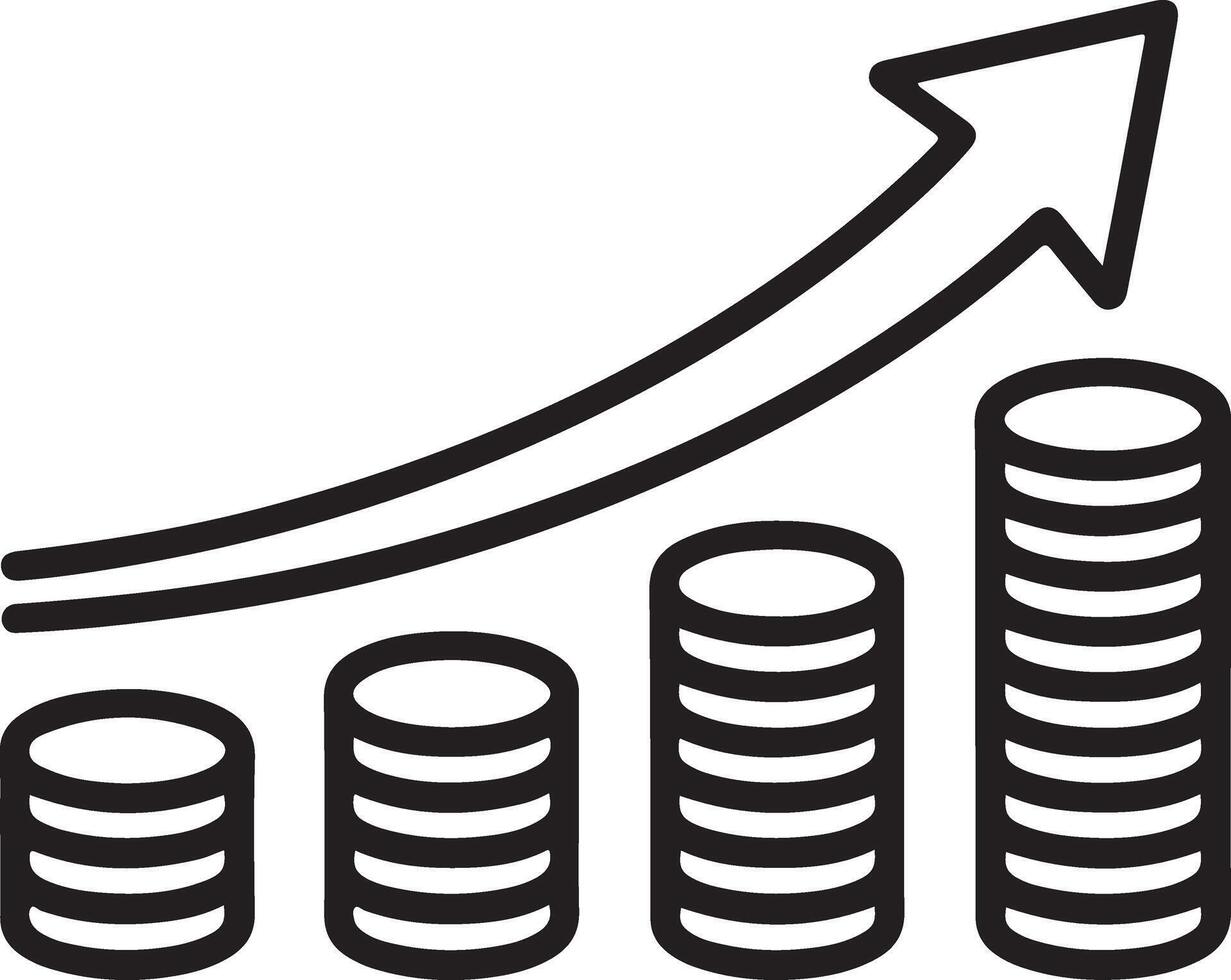 Increasing stack of coins graph with upward trending arrow representing financial growth and success vector