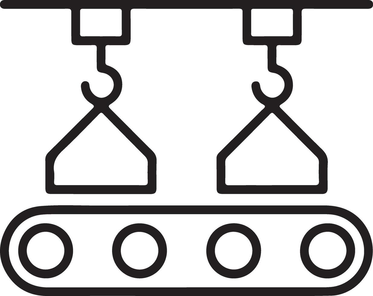 Industrial conveyor belt system with overhead lifting hooks for automated manufacturing and logistics vector