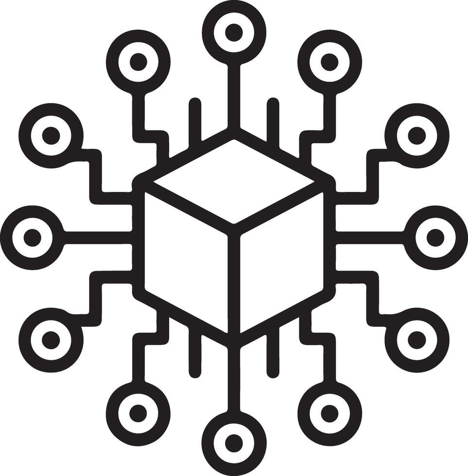 Abstract cube network with radiating connections and circular nodes representing data flow vector