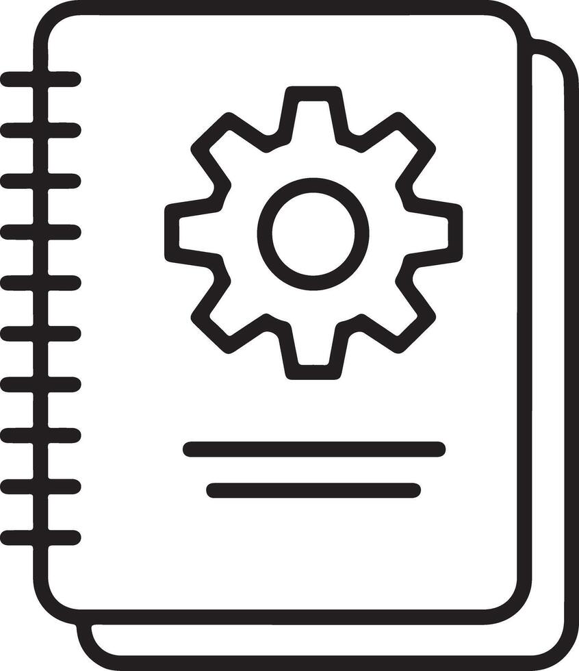 Simple line art icon of a spiral bound notebook with a gear symbol on the cover vector