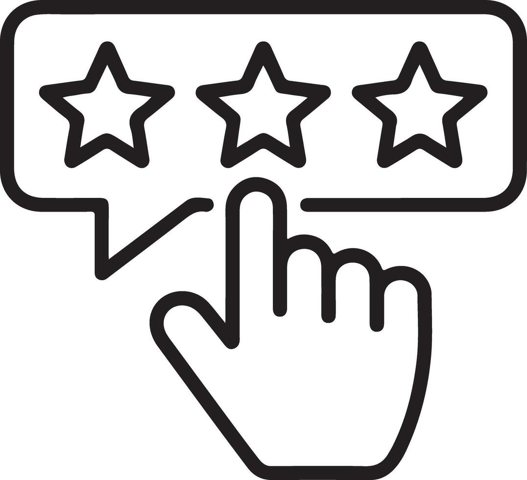 Customer feedback icon with three stars and a hand cursor clicking on the rating vector