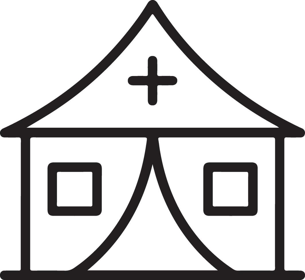 Simple line drawing icon of a medical tent with a cross symbol and two windows vector