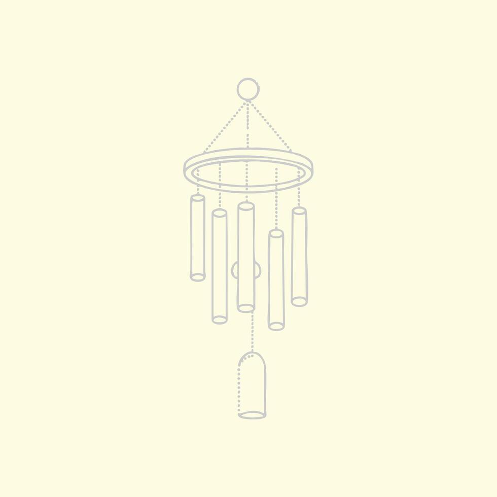 Elegant hanging wind chime with multiple cylindrical tubes and circular top, suspended by delicate chains in a minimalist setting vector