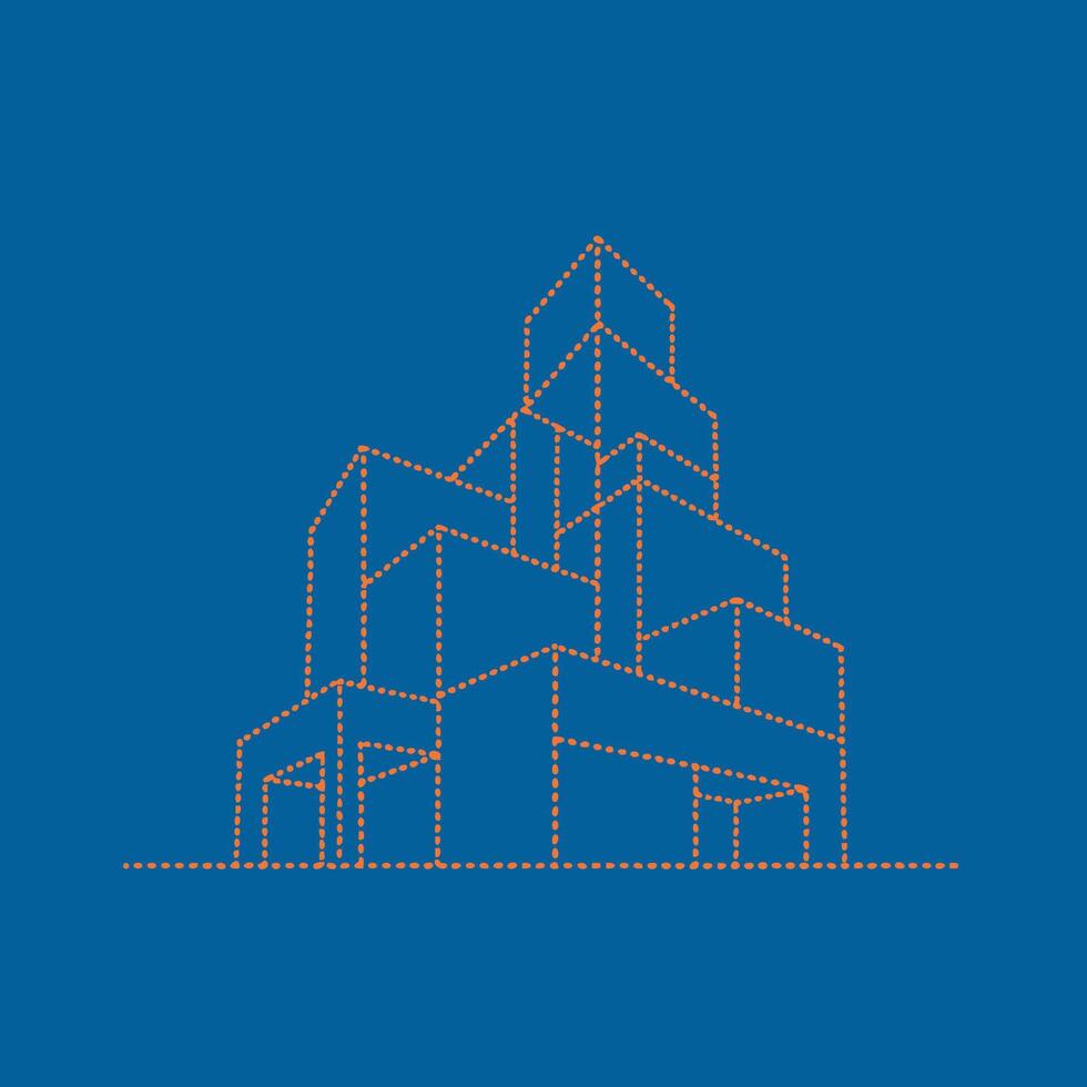 Minimalist outline of a modern building structure with multiple levels and geometric shapes on a solid vector