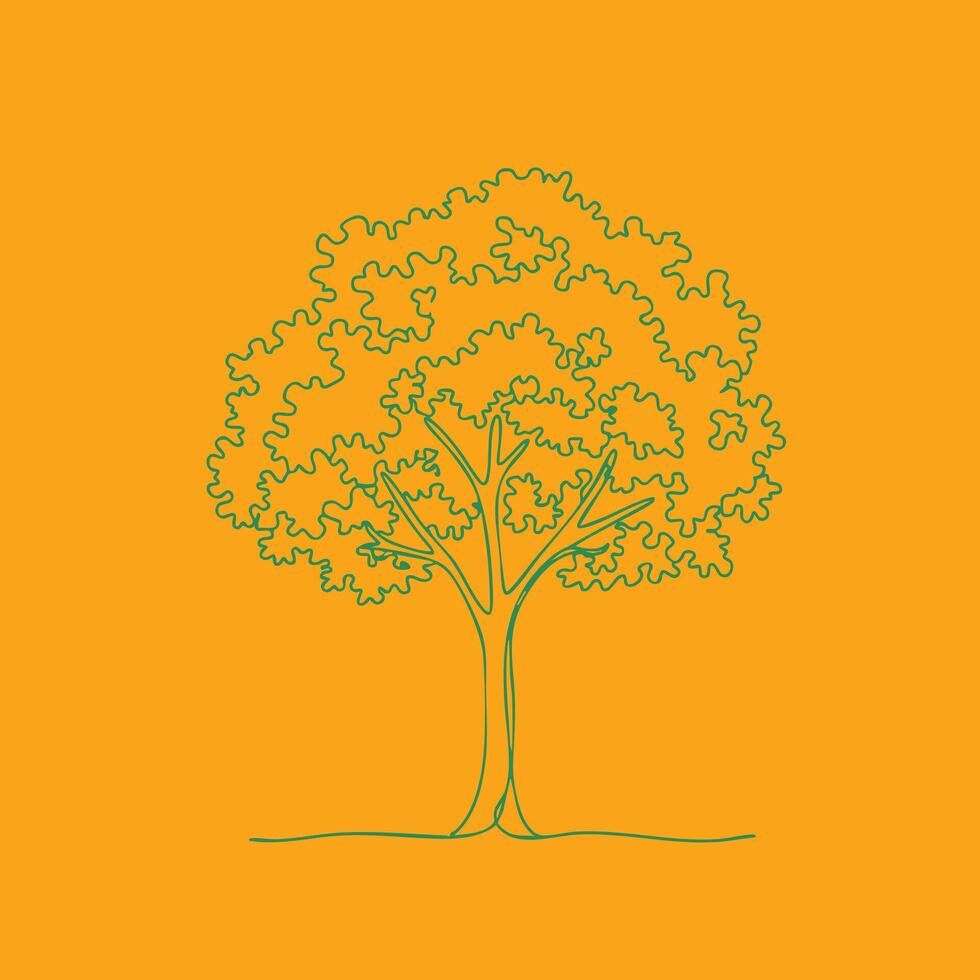 Minimalist line drawing of a large deciduous tree with lush foliage and a sturdy trunk on a vibrant orange vector