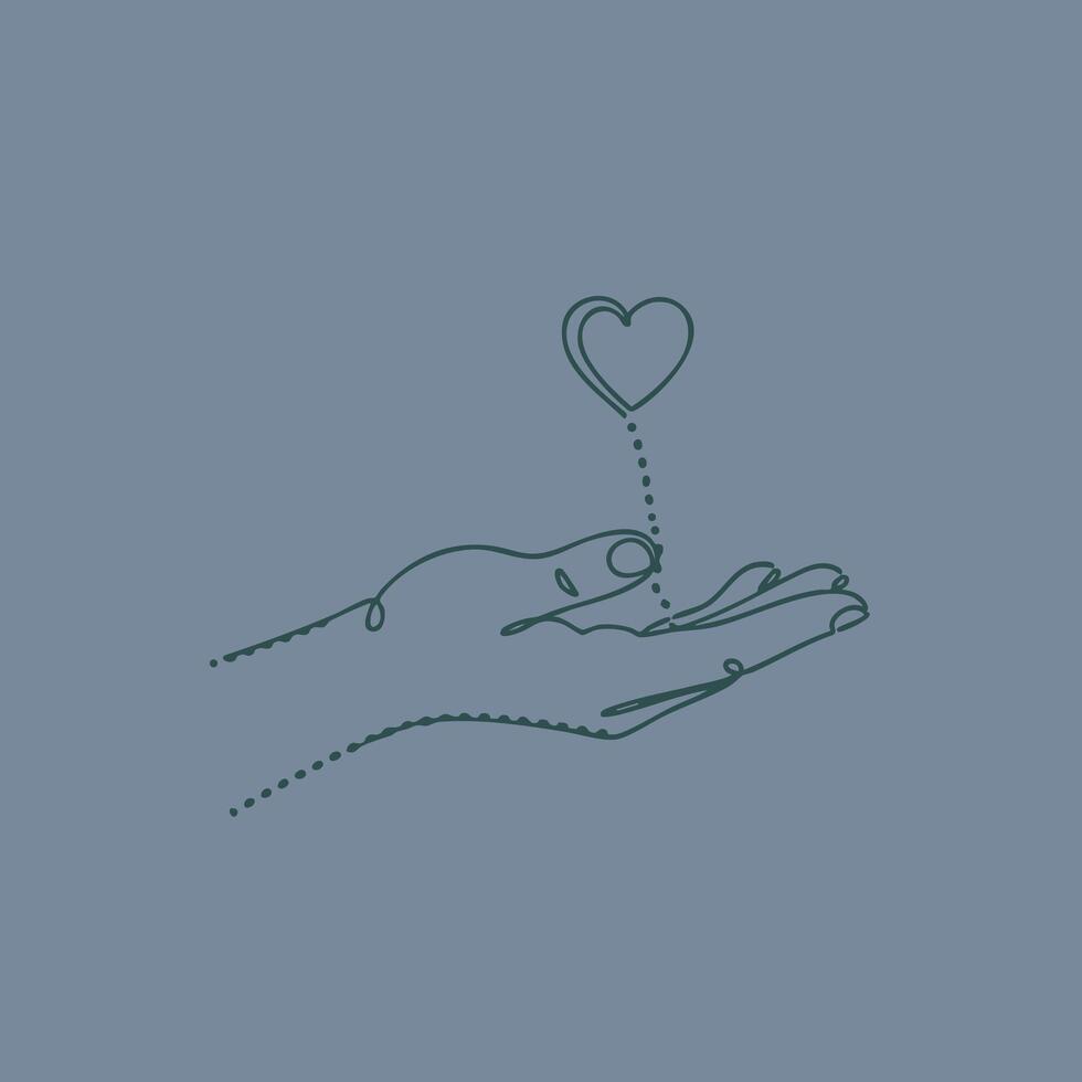 Minimalist Line Drawing of a Hand Holding a Heart-Shaped Balloon with a Dotted String on a Soft Blue vector