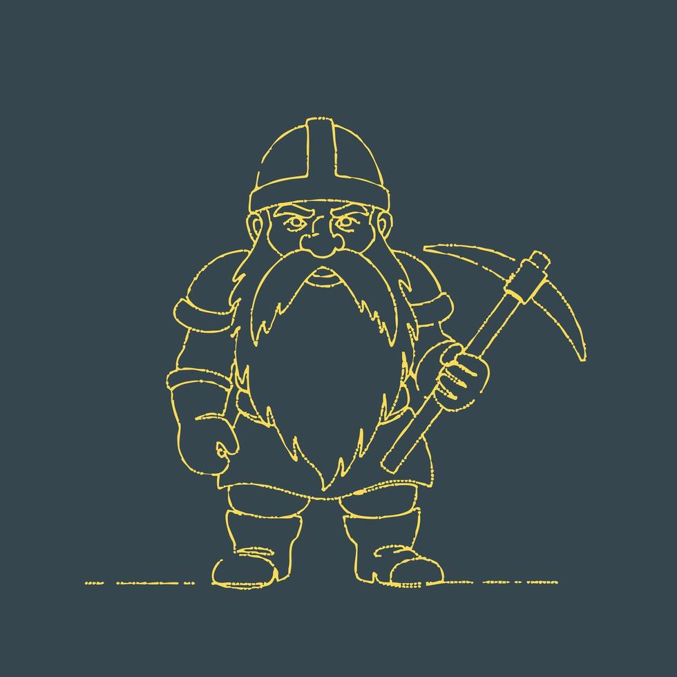 Minimalist Line Drawing of a Bearded Dwarf with a Helmet and Pickaxe Standing Confidently vector
