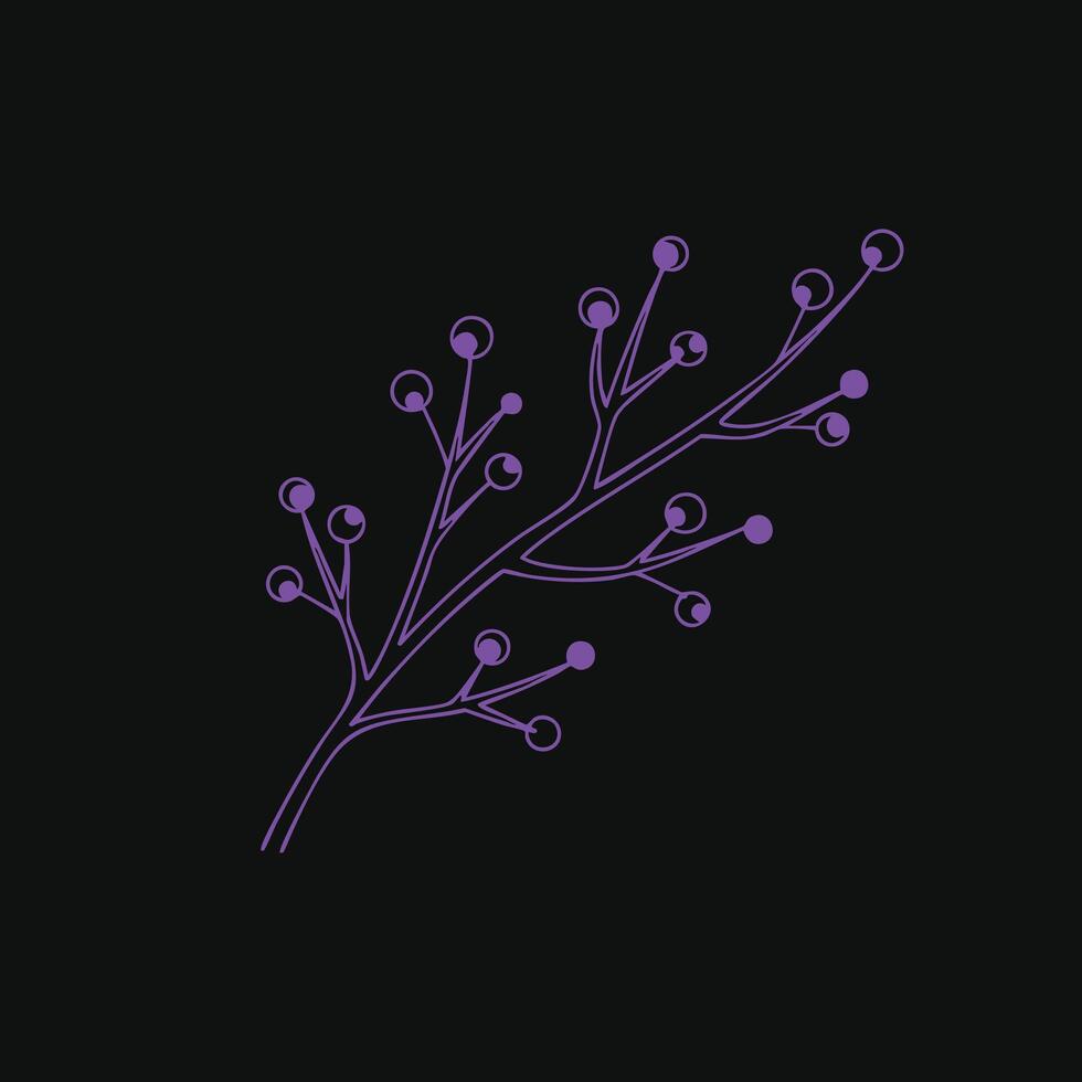 Stylized branch with multiple small round buds or berries on thin, curved stems against a dark , emphasizing minimalistic botanical design vector