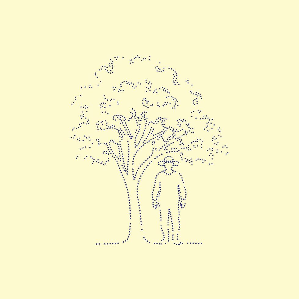 Minimalist line drawing of a person standing under a large, leafy tree on a light emphasizing simplicity and nature vector