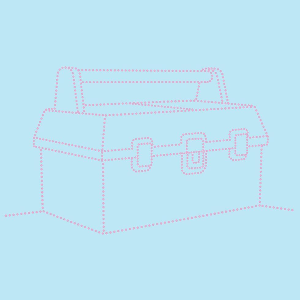 Dotted outline of a classic toolbox with handle, latches, and compartments on a light blue vector