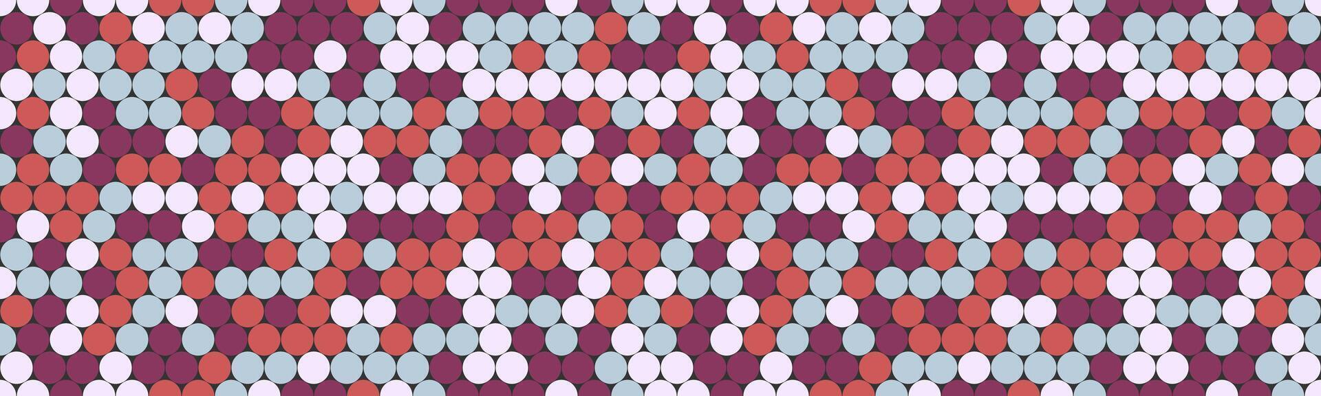 Abstract geometric seamless pattern. Vibrant circles in red, white, and blue hues create a captivating mosaic design. Ideal for textile prints, website backgrounds, or modern art projects. vector