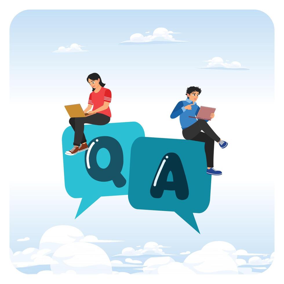 pregunta y respuestas concepto, dos personas sentado en un pregunta y responder caja con ordenador portátil. vector