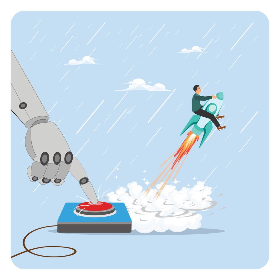 Robot launching a rocket with a man vector