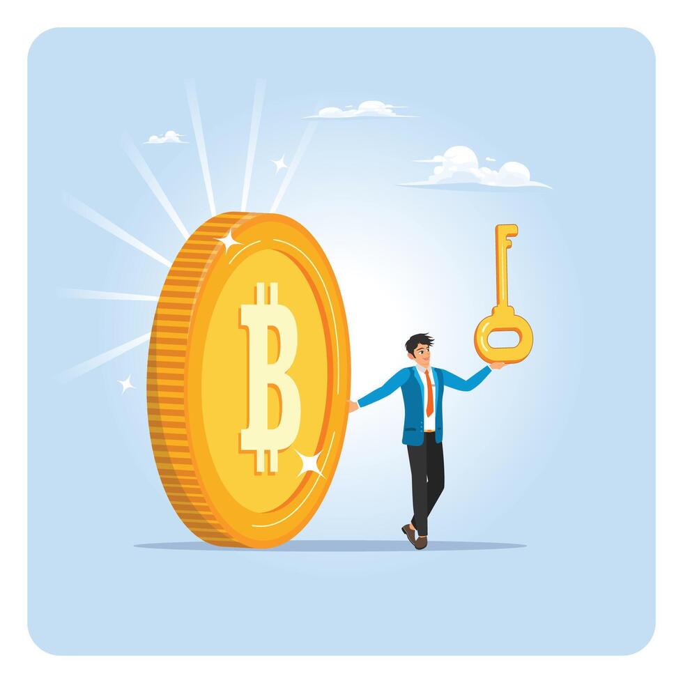 Man with Bitcoin and key illustration vector
