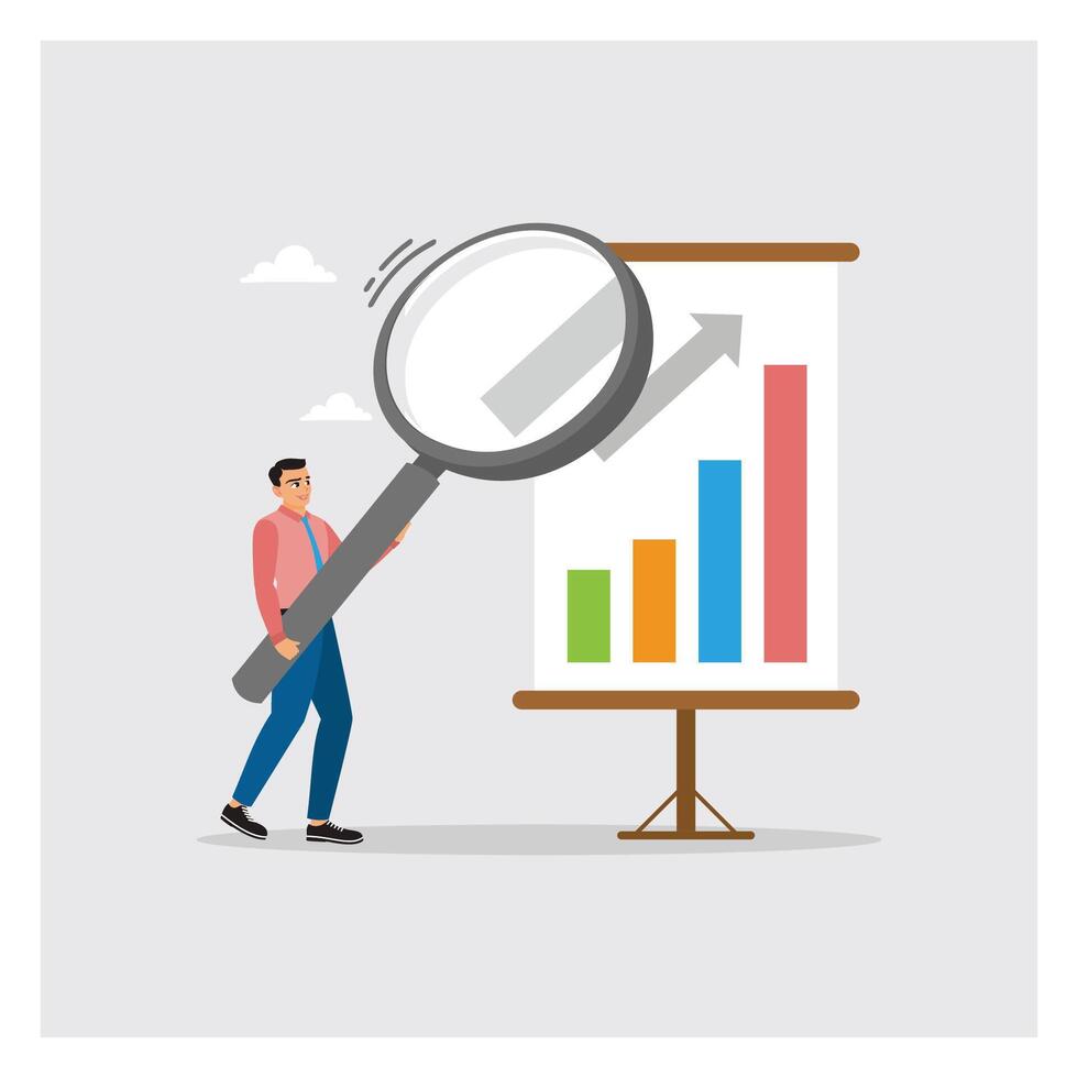 Man analyzing growth chart with magnifier vector