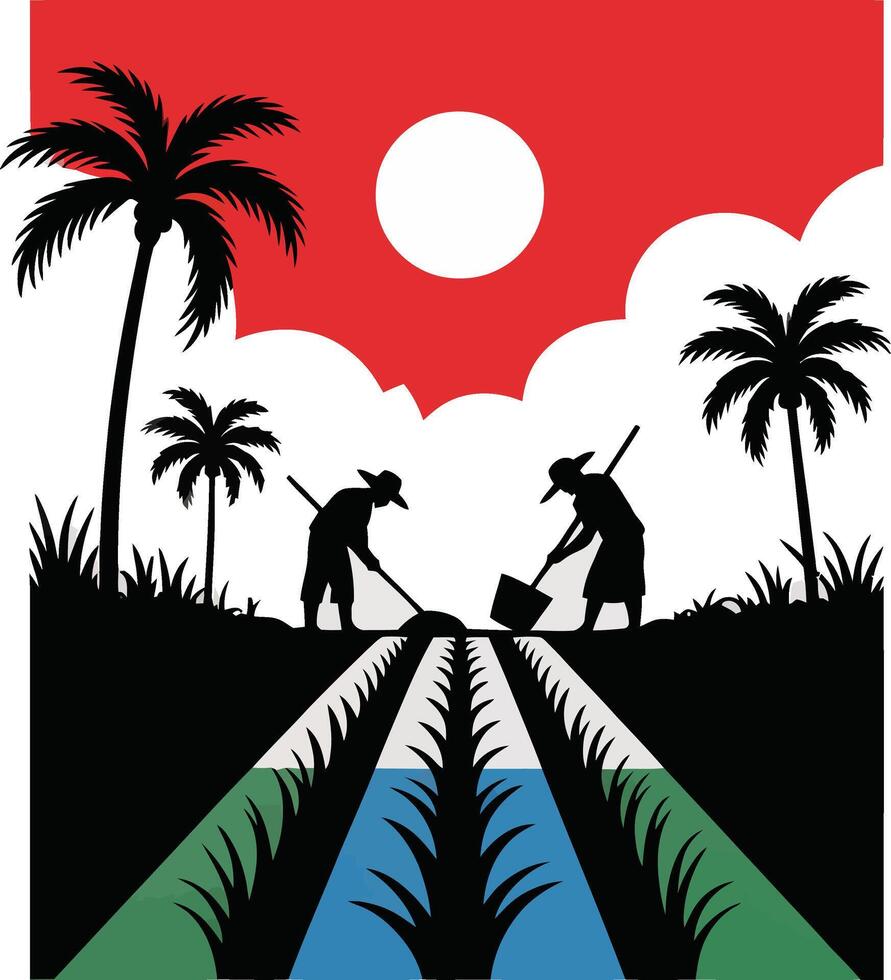 Farmers working in field with palm trees under a vibrant red sky silhouette vector