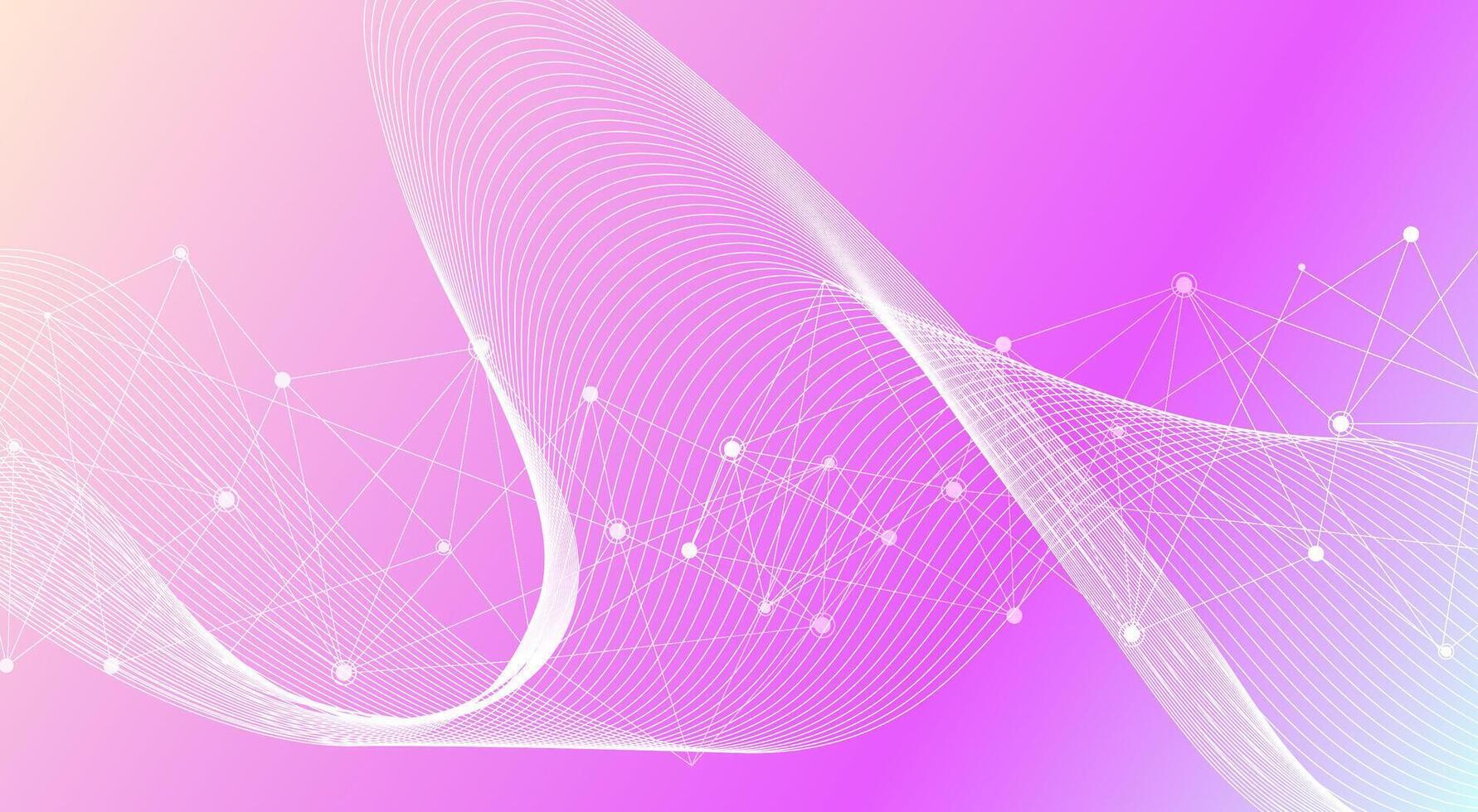Abstract background with network connections and white wave lines on a gradient purple and pink backdrop vector