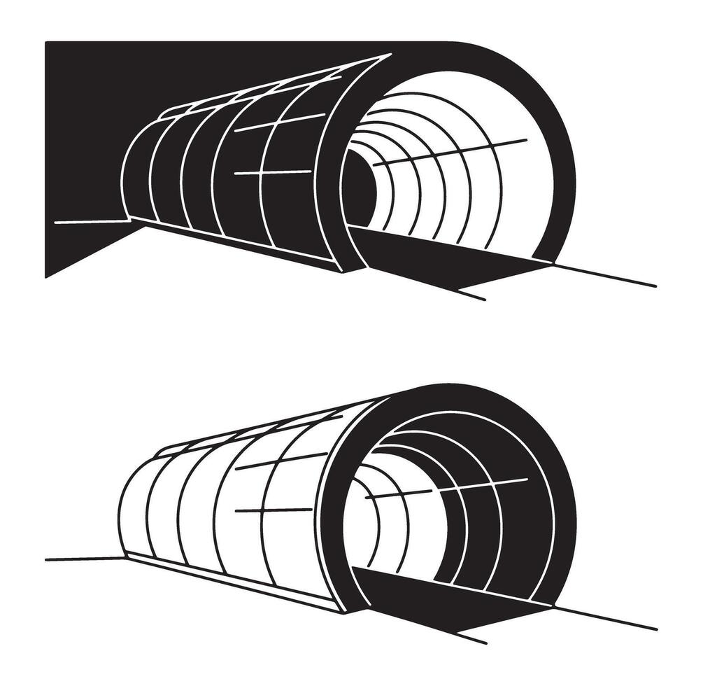Two isolated black and white illustrations of a tunnel or pipeline structure vector