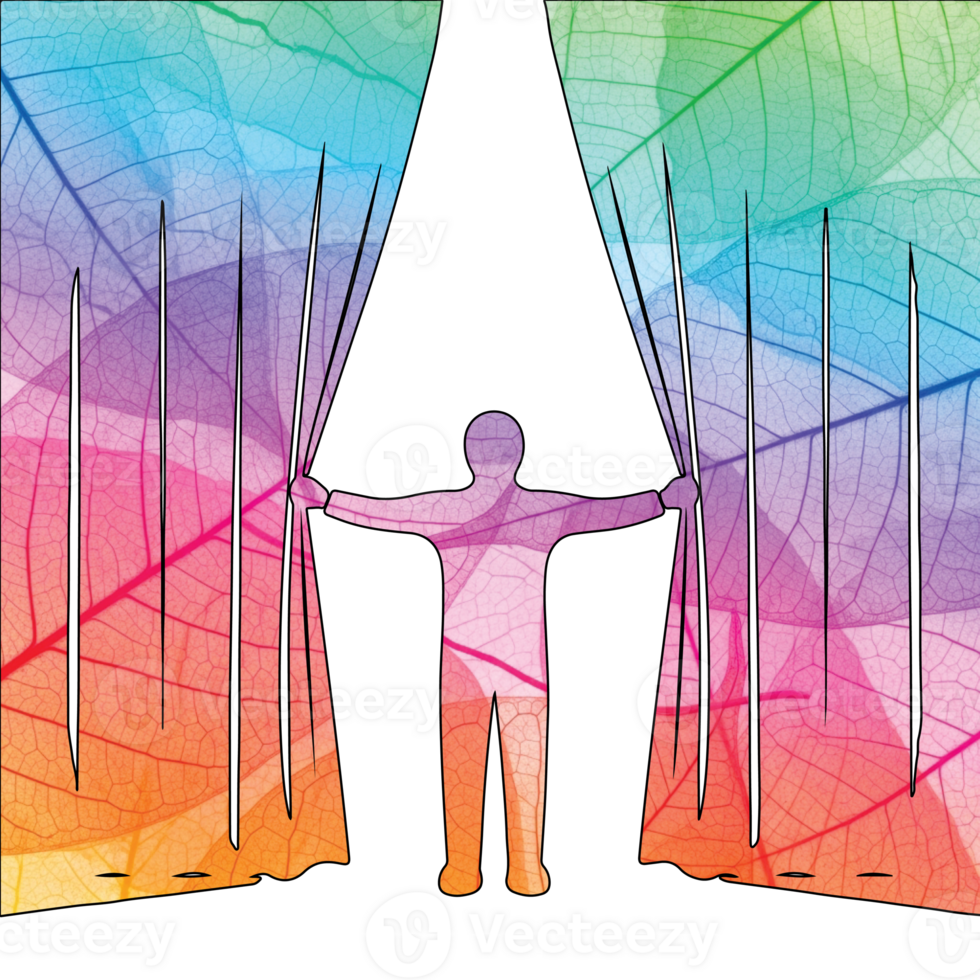 Illustration of a person opening curtains with a colorful leaf pattern, revealing a bright white light, creating a sense of unveiling and transformation isolated on transparent background png