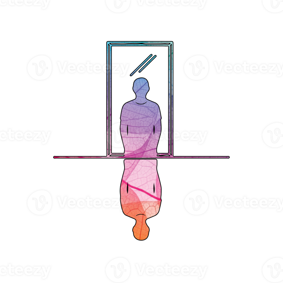 Illustration of abstract illustration of a person looking in a mirror isolated on transparent background, reflecting on identity and selfperception png