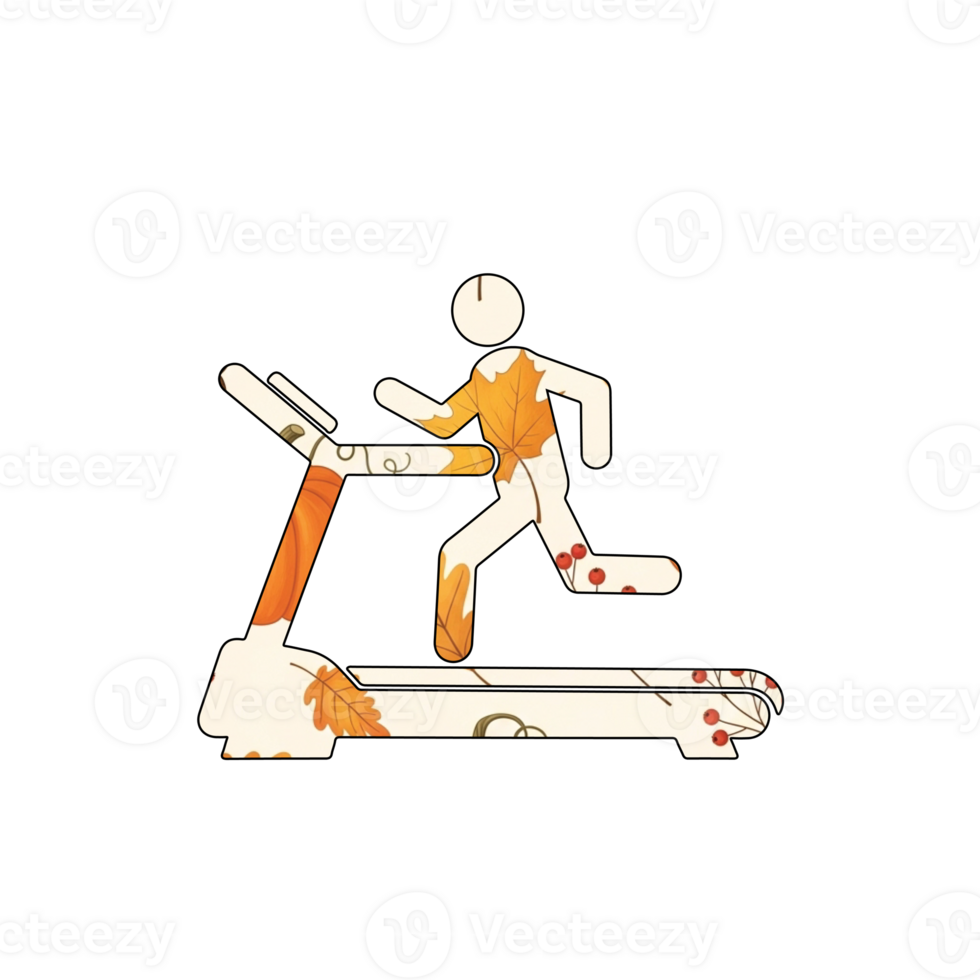 Illustration of a person with a leaf pattern is running on a treadmill, isolated on transparent background they are exercising and getting a good workout png