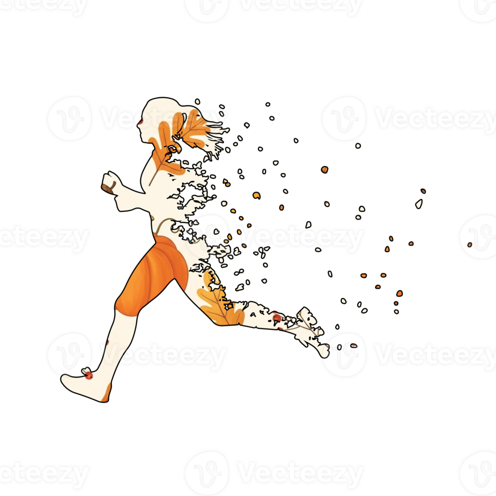 Illustration of a person running, isolated on transparent background, disintegrating into particles, with autumn leaves and berries pattern on their body, creating a dynamic effect png