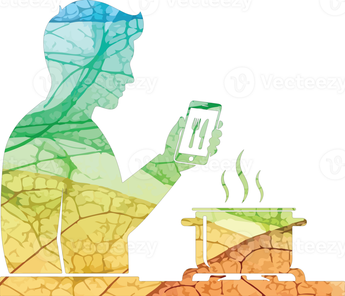 Illustration of silhouette of a man using a smartphone while cooking, overlaid with a nature pattern, isolated on transparent background, representing modern life and technology png