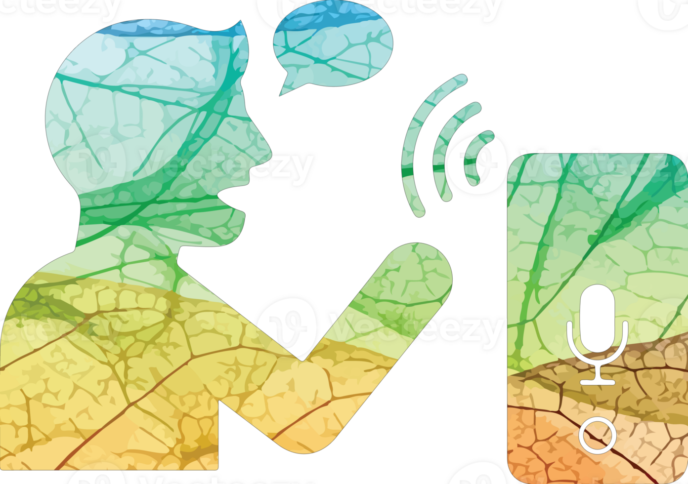 Illustration of person using voice assistant on mobile phone isolated on transparent background the image is a colorful silhouette with a leaf pattern, suggesting nature png