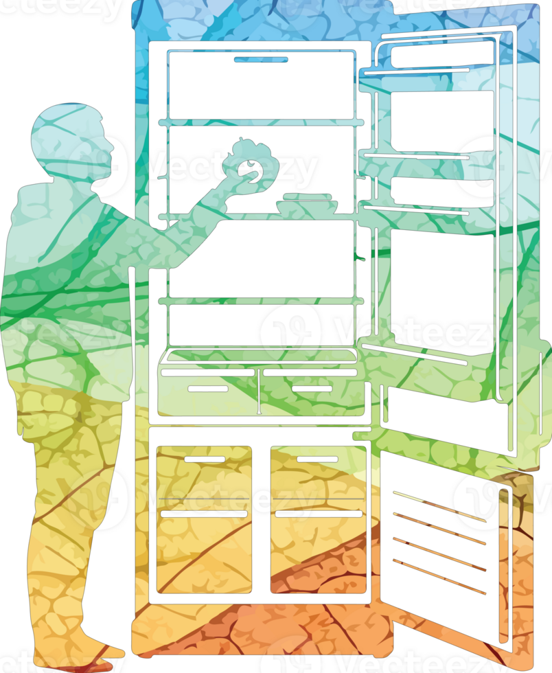 Illustration of silhouette of a person reaching into a refrigerator, isolated on transparent background, filled with a colorful leaf pattern, creating a unique and artistic effect png