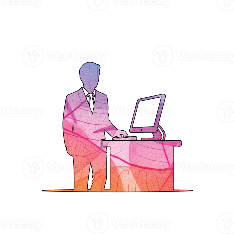 Illustration of silhouette of a person working at a computer isolated on transparent background, showcasing a leaf pattern design, blending technology with natures beauty png
