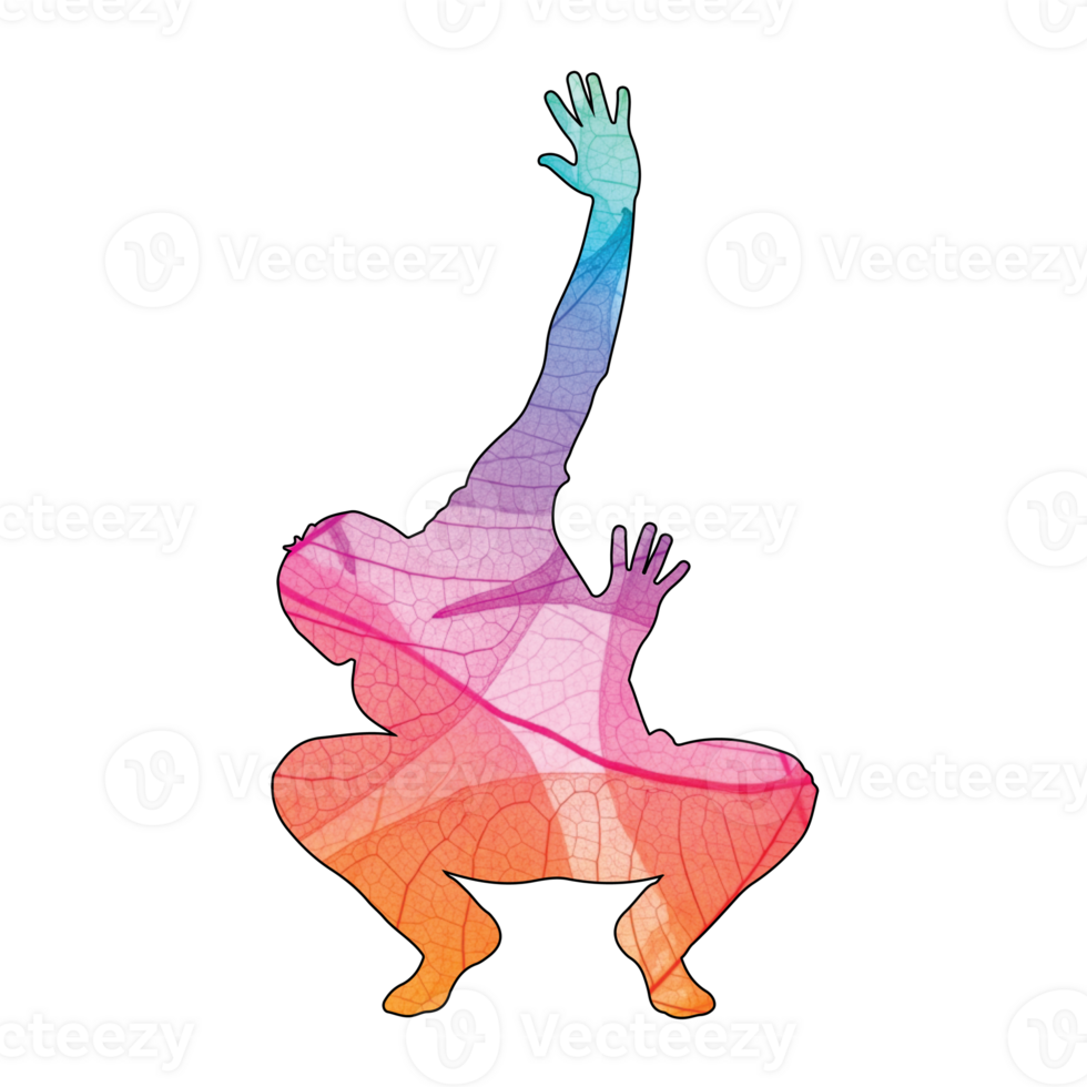 illustratie van een kleurrijk silhouet van een persoon in een gehurkt positie met hun armen opgevoed, geïsoleerd Aan transparant achtergrond, creëren een levendig en dynamisch beeld png