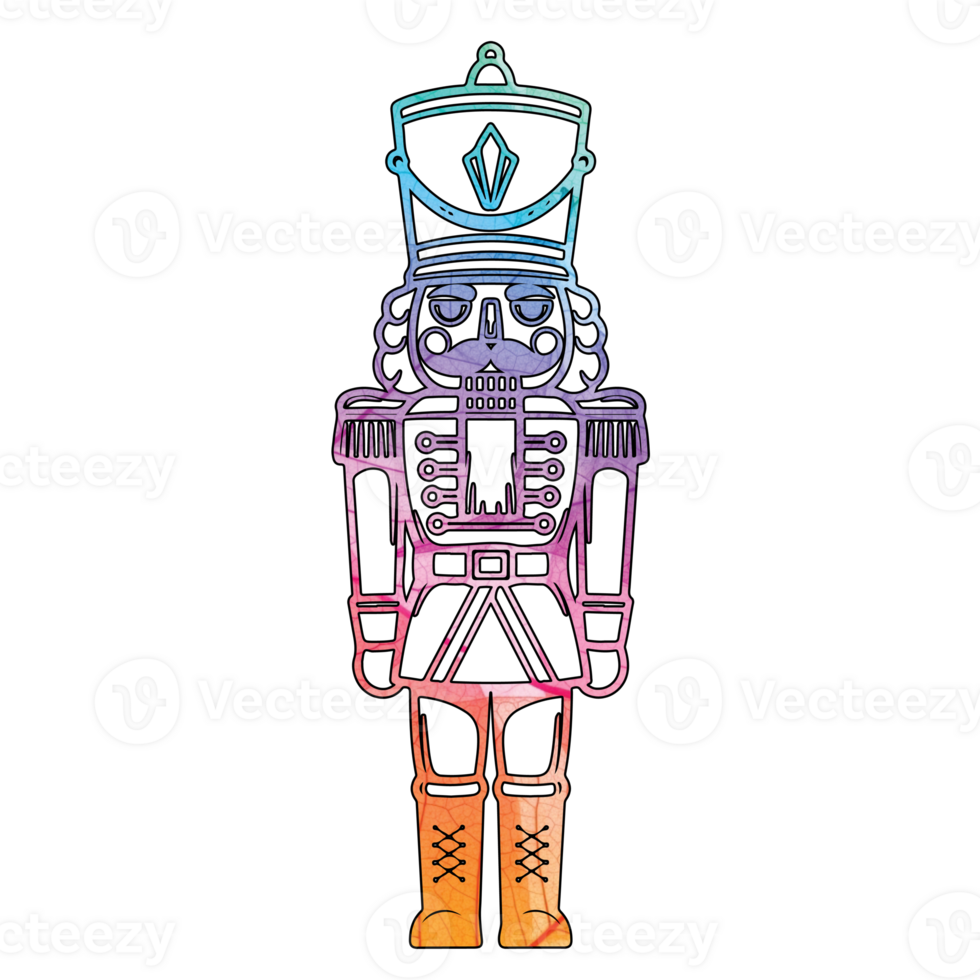 Illustration of a colorful silhouette of a nutcracker soldier standing tall, isolated on transparent background, creating a festive and decorative image with intricate details png