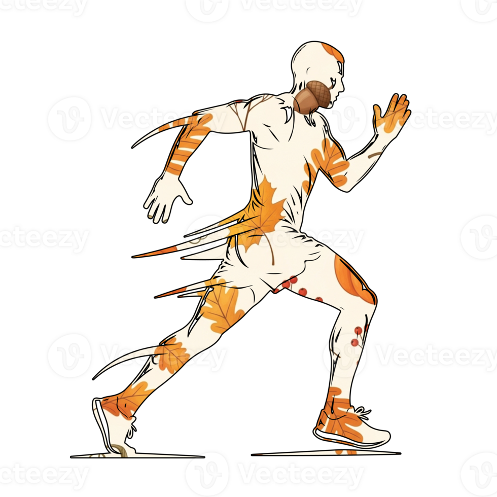 Illustration of a runner with autumn leaves pattern isolated on transparent background is depicted in a dynamic pose, showcasing the fusion of nature and athleticism png