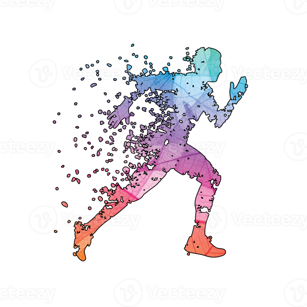 Illustration of abstract runner isolated on transparent background, depicted in a fragmented, polygonal style with vibrant colors, conveying speed, motion, and dynamism png