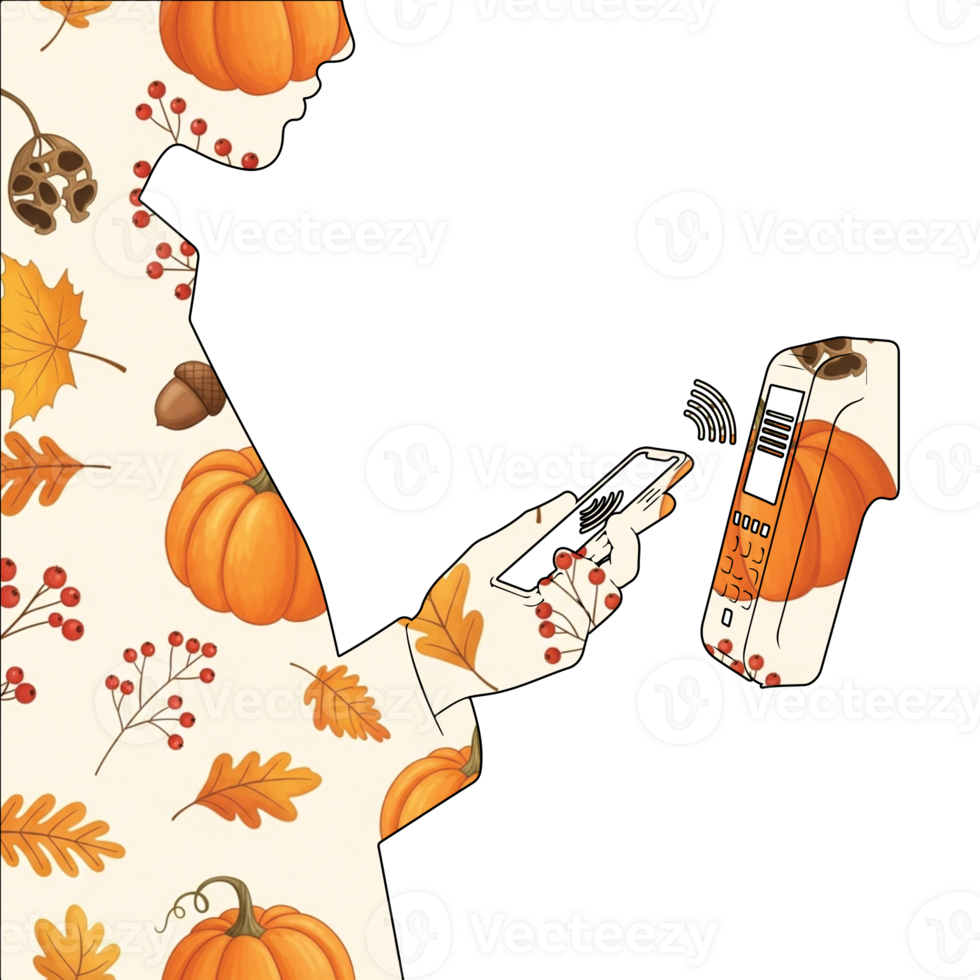 Illustration of silhouette of a person using a smartphone to scan a qr code on a pumpkinthemed device isolated on transparent background, a modern twist on autumn png