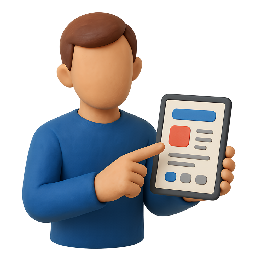 3D character pointing at a tablet with a web page. png