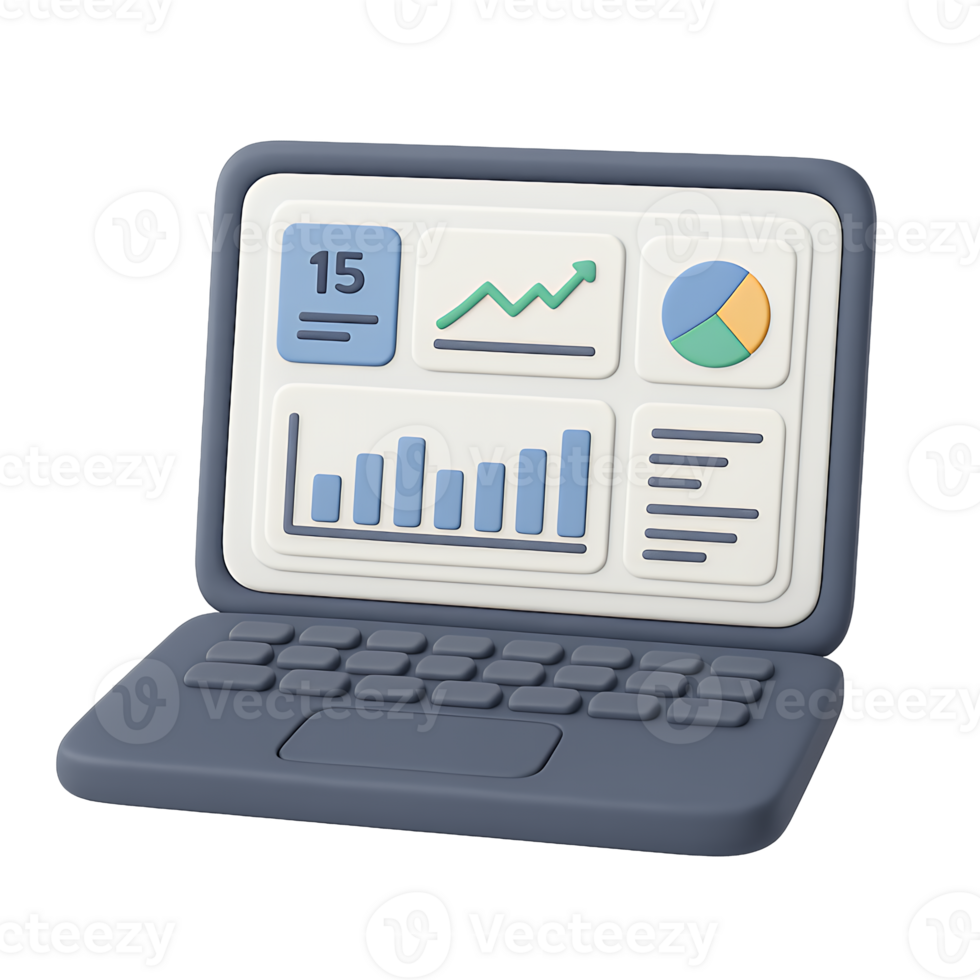 3D Render of Laptop Displaying Business Analytics and Data Visualization. png