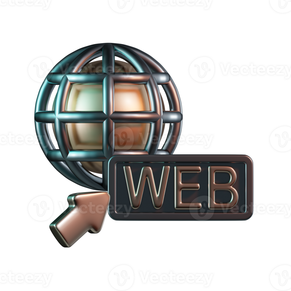 Metallic World Globe with Web Text and Cursor Arrow 3D Icon png