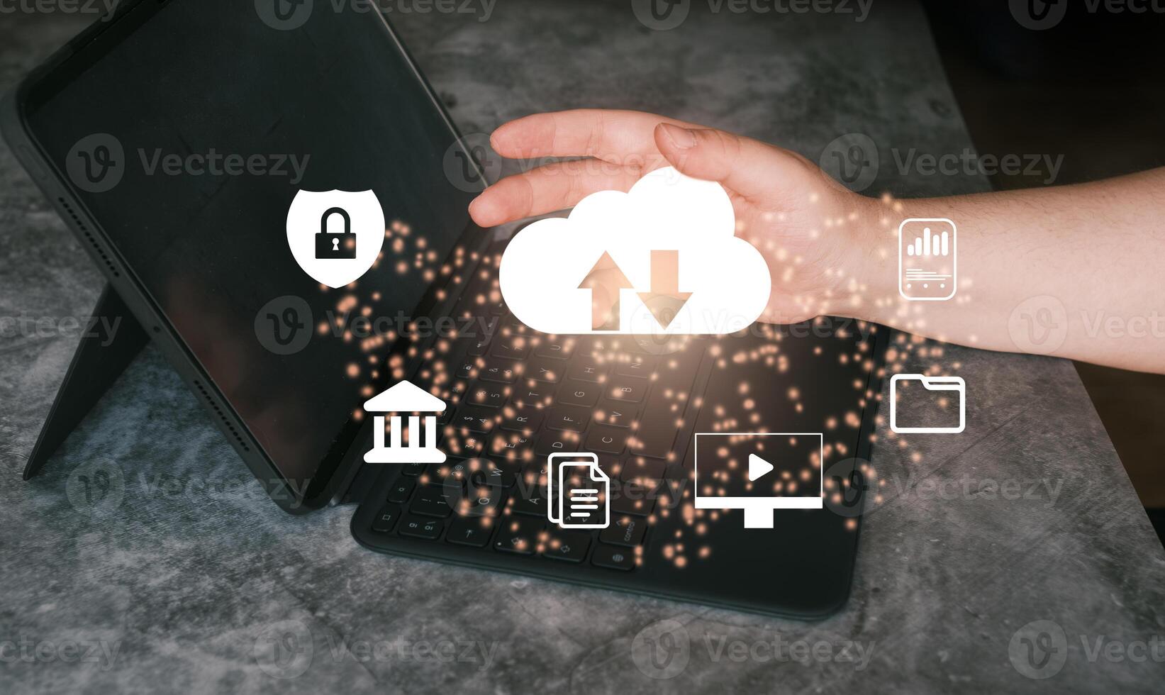 Woman use cloud technology computing network on digital tablet. Backup and data storage. Networking and digital online service concept. photo