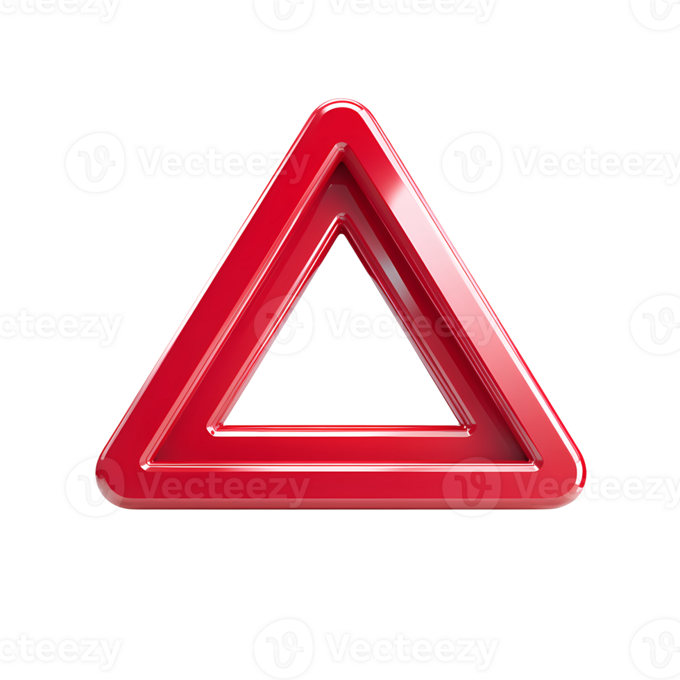 A glossy red triangular warning sign with a metallic border on transparent background png