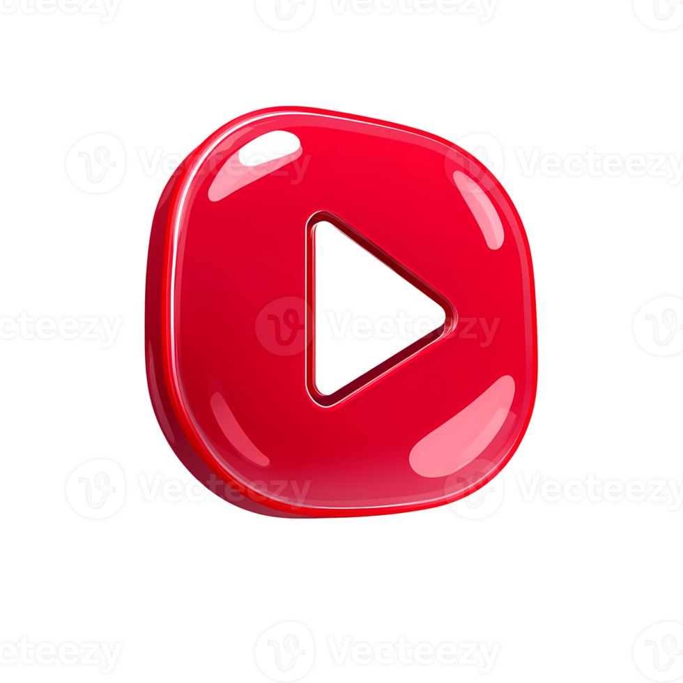 Glossy red play button icon with rounded corners on transparent background png