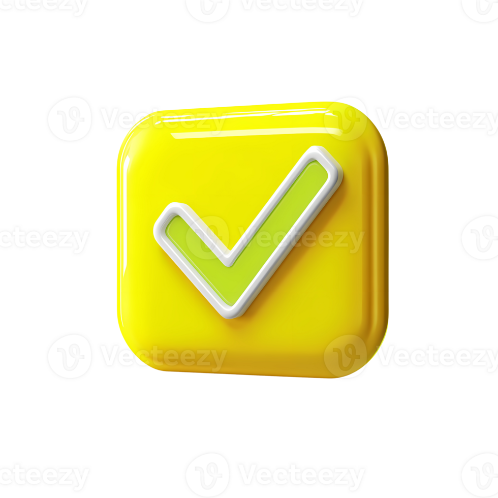Glossy yellow square button with a green checkmark 3d render on transparent background png