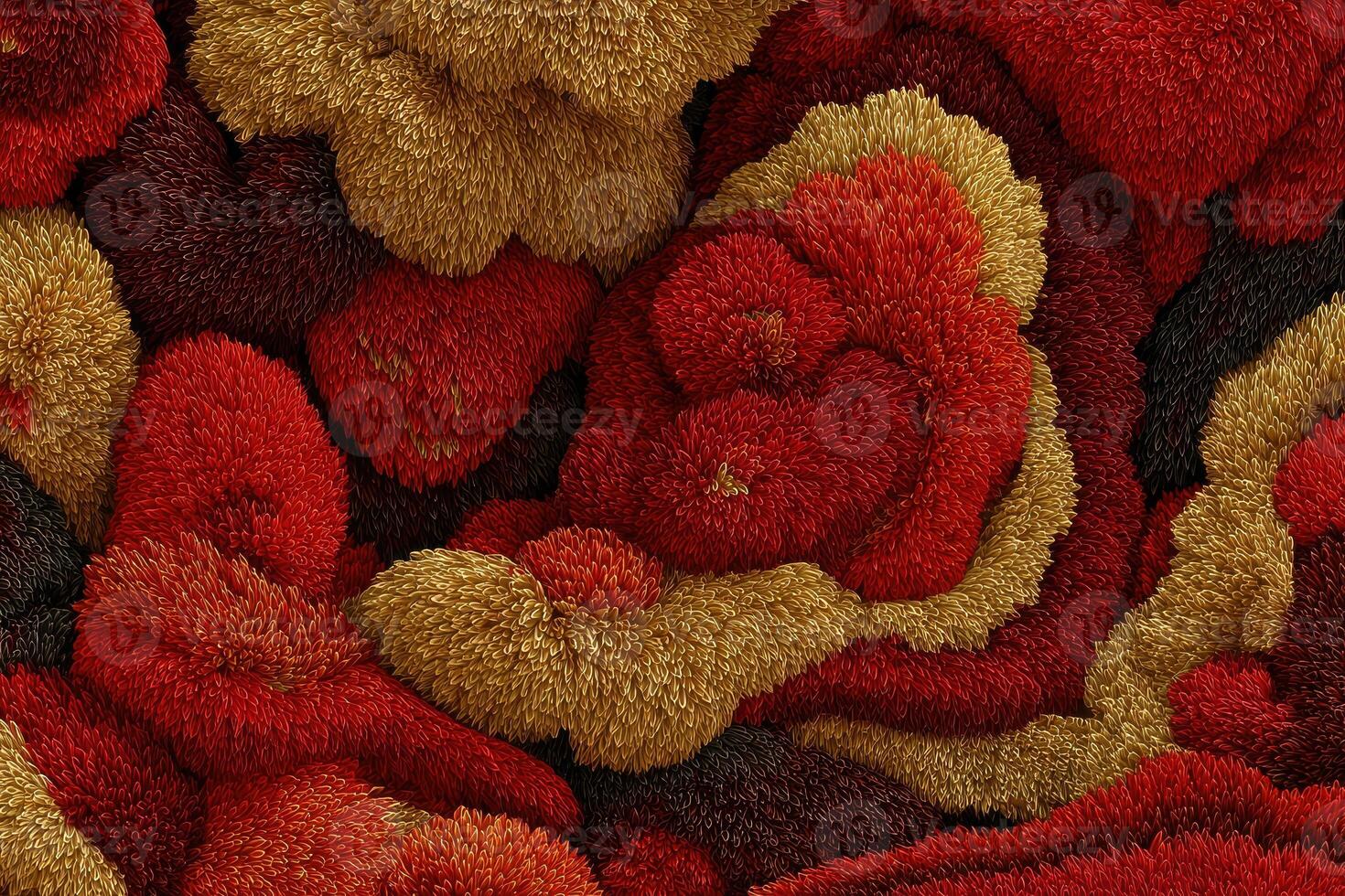 Abstract textured surface of clustered, fuzzy forms in varying shades of red and gold photo