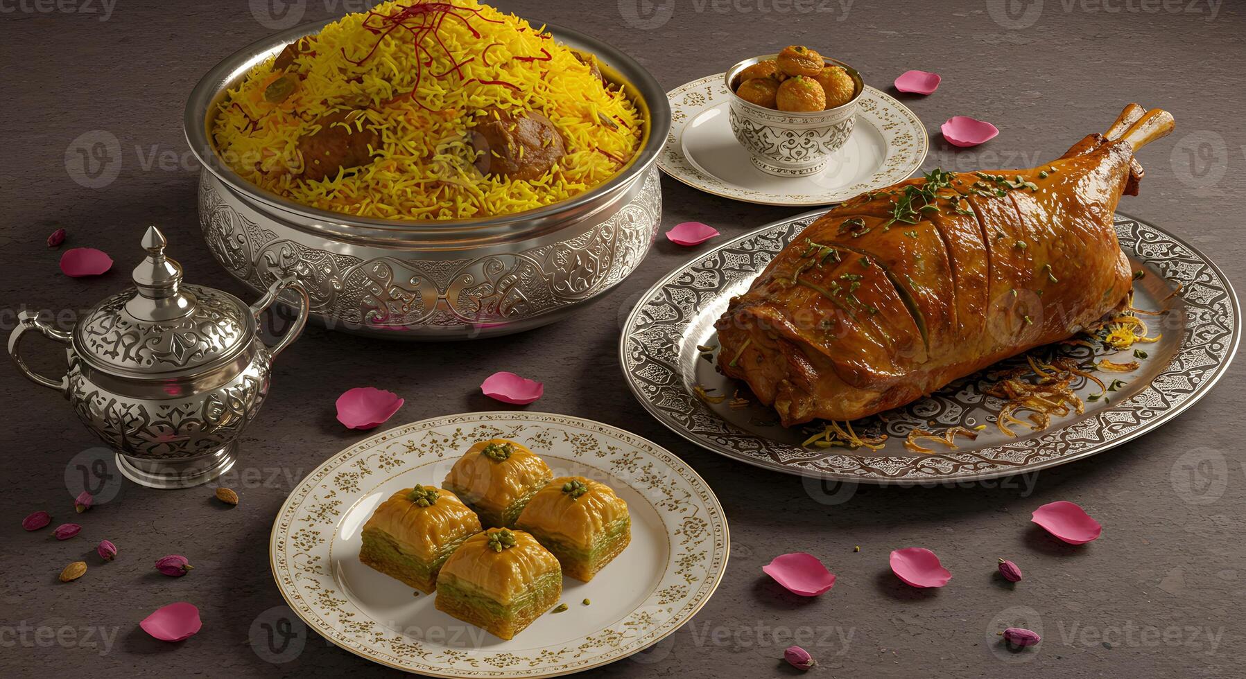 rich display of biryani, kebabs, dates, and baklava, served on ornate plates with intricate patterns and rose petals scattered around photo