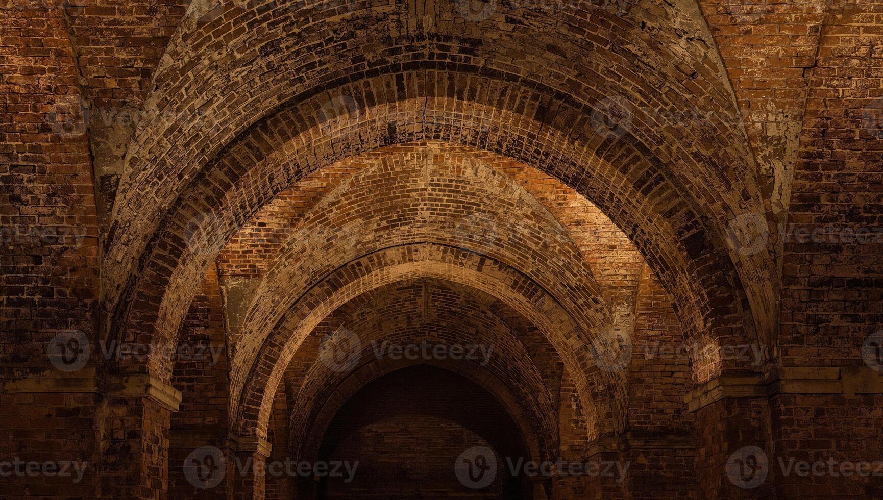 Arched Brickwork Composition, Illuminated with Soft Light Visual Texture and Depth. photo