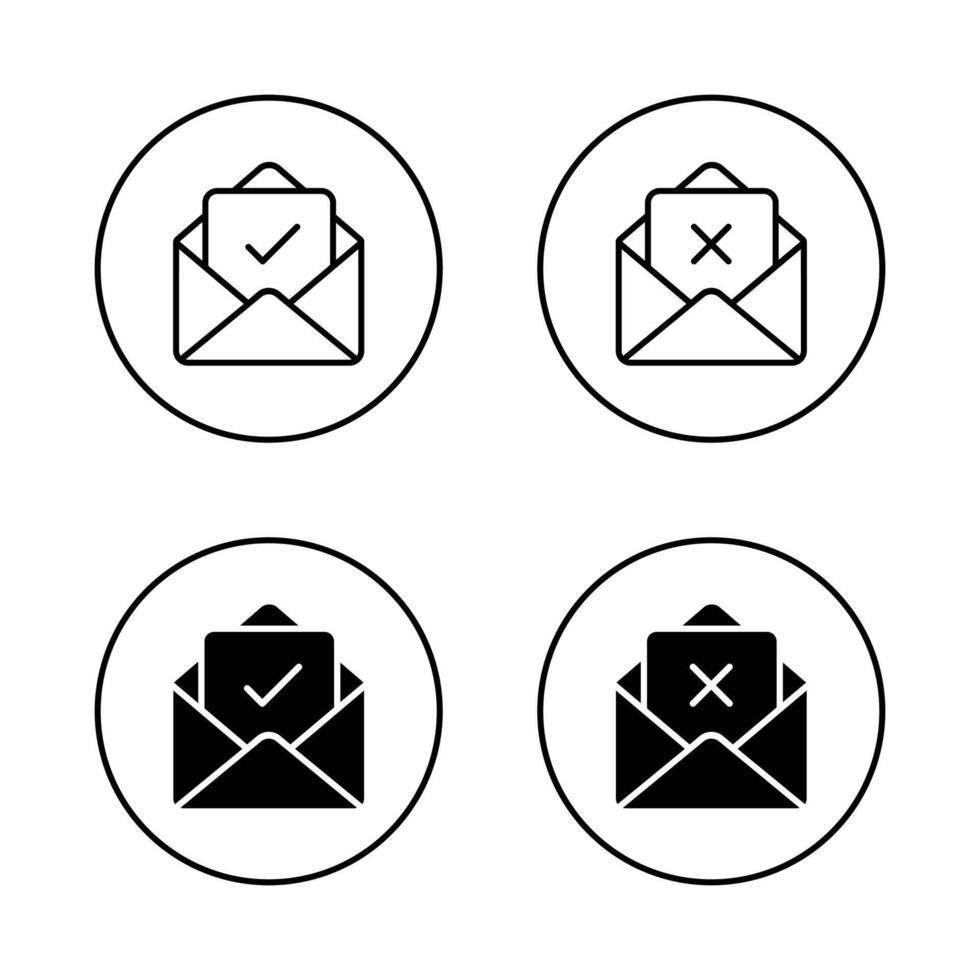 Email envelope with check and cross mark icon. Approved and rejected message symbol in circular outline vector