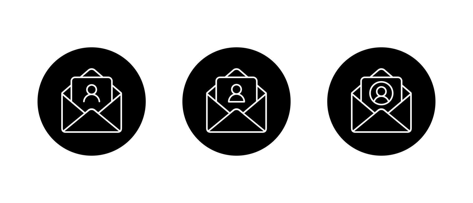 Email with avatar profile icon. Open envelope outline with user account symbol in black circle vector