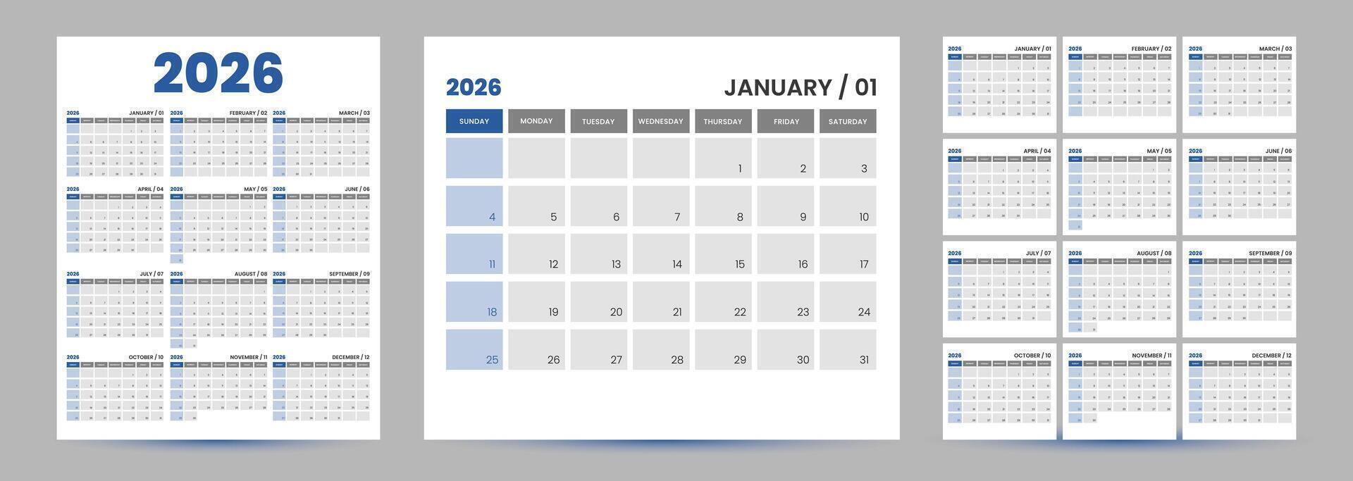 2026 editable minimal calendar design. Week starts on Sunday. Place for notes. Minimalist trendy design for desktop design calendar planner. vector