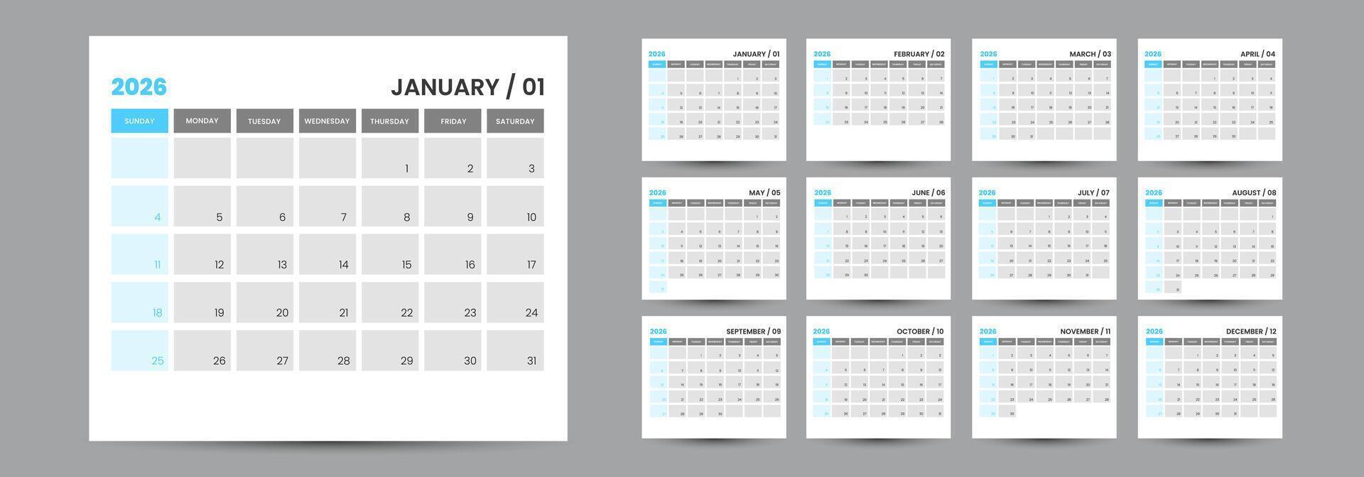 2026 Calendar. 12 Pages for 2026 Monthly Calendar. Clean and Simple Template and one page wall calendar template Design ready to print. vector