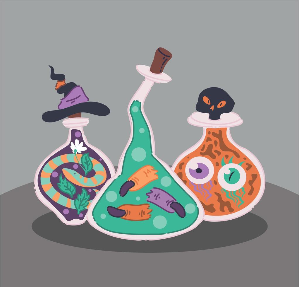 A captivating collection of colorful potion bottles, each with enchanting witchy themes vector
